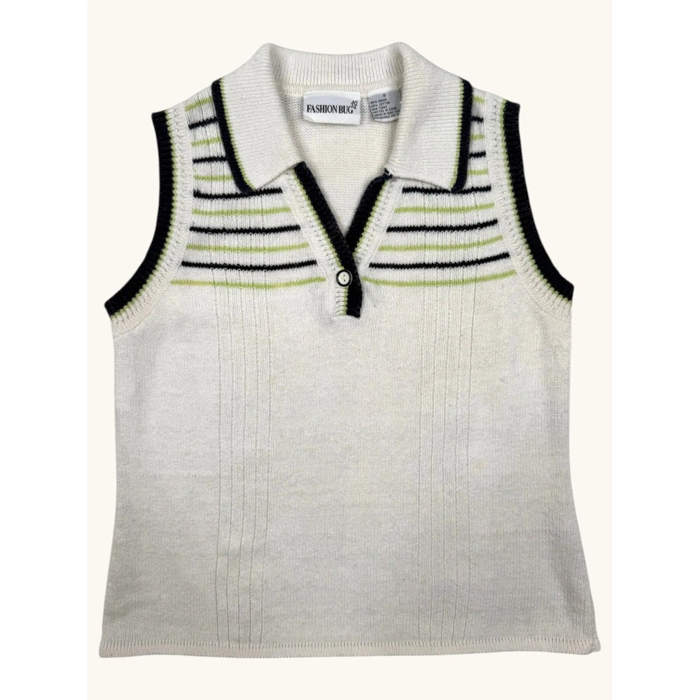Fashion Bug Vintage White Striped Polo Sweater Vest Sleeveless Knit Top Small